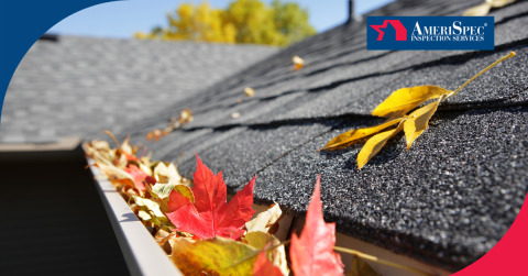 Close-up view of a house gutter filled with colorful autumn leaves