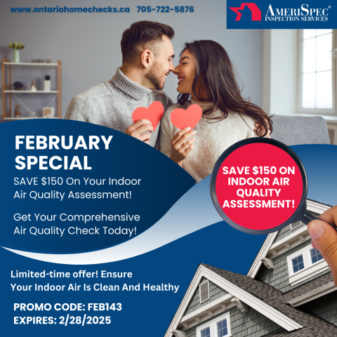 Promotional graphic for AmeriSpec Inspection Services offering a February special of $150 off an indoor air quality assessment. The image features a happy couple holding red hearts