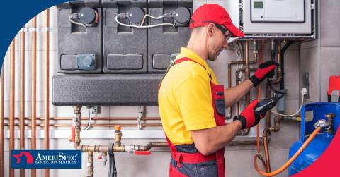 Technician inspecting a residential heating system, using a diagnostic tool to check the efficiency of a boiler and piping system.