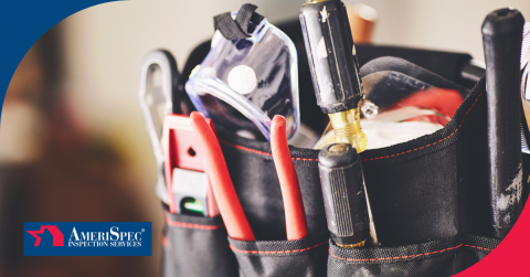  a home inspector's tool belt filled with essential tools, including pliers and a screwdriver