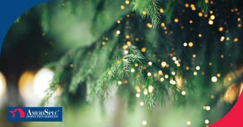 Close-up of evergreen branches with glowing holiday lights in the background.