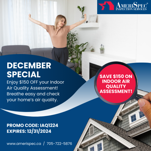 AmeriSpec December Special promo showcasing a cozy living room and highlighting $150 off on indoor air quality assessments.